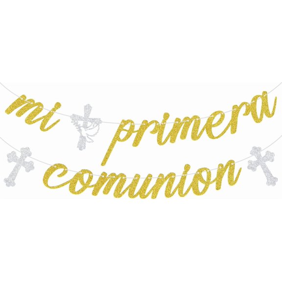 Gold Glitter "Mi Primera Comunion" Banner with Silver Cross Decorations, First Communion Party Supplies