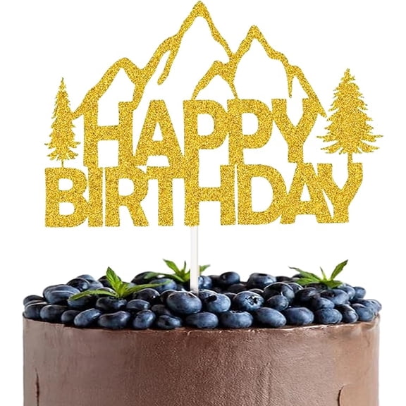Gold Glitter Mountain Happy Birthday Cake Topper Mountain Climbing Theme