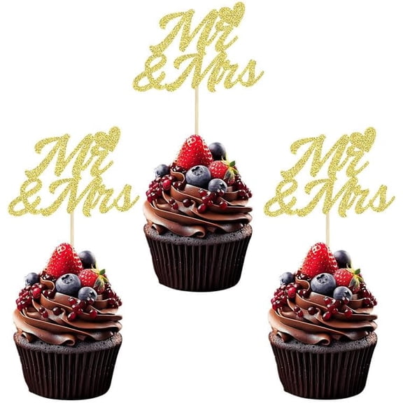 Gold Glitter Mr & Mrs Heart Script Wedding Cupcake Toppers 12Pcs Marriage Engagement Bridal Shower Party Cupcake Decor Picks