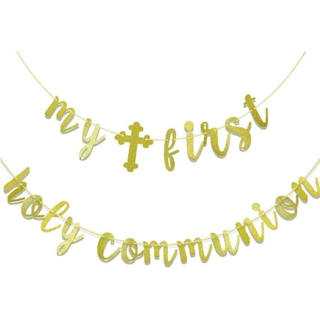 Gold Glitter My First Holy Communion Banner with Cross Cutout, Kids First Communion Religious Party Wall Decorations