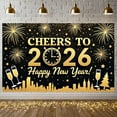 thumbnail image 1 of Gold Glitter New Year Banner Firework Design 2026 Celebration Display Clock Champagne Glasses Cheers Backdrop for New Year Party Eve Gathering Festive Event, 1 of 9