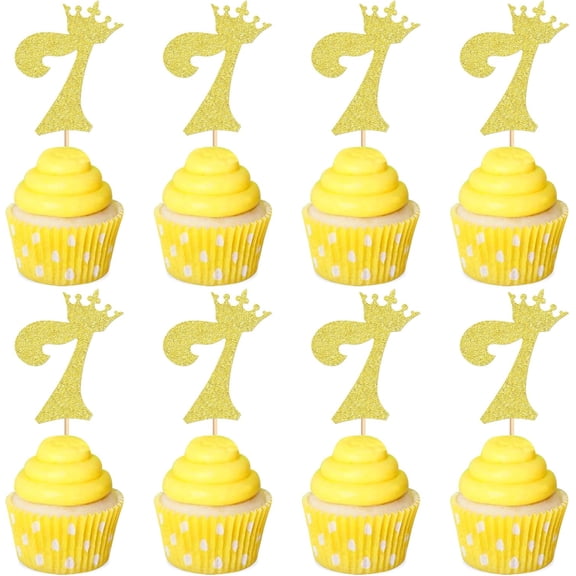 Gold Glitter Number 7 Cupcake Toppers, 7th Birthday Party Decorations, Crown Design, 12 Pack