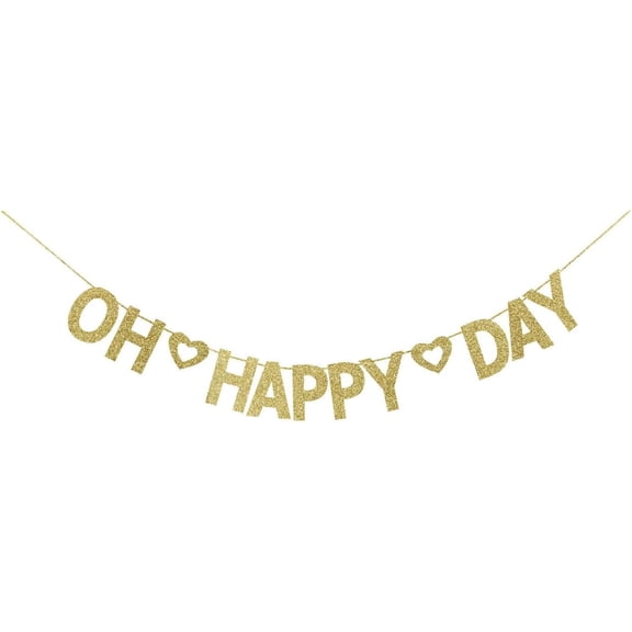 Gold Glitter Oh Happy Day Banner with Heart Cutouts, Wedding Bridal Shower Engagement Birthday Party Decorations