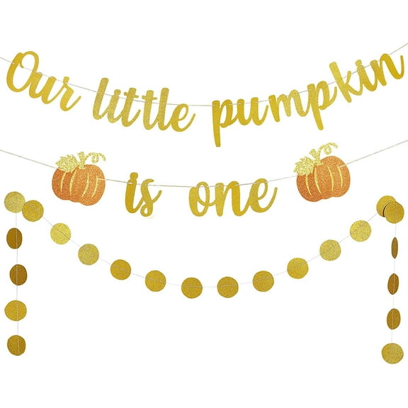 Gold Glitter Our Little Pumpkin is One Birthday Banner, First Birthday Decorations for Fall