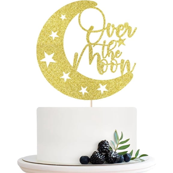 Gold Glitter Over The Moon Cake Topper with Crescent Moon & Stars, Baby Shower 1st Birthday Space Theme Cake Pick for Newborn Party Decor 1 Pack