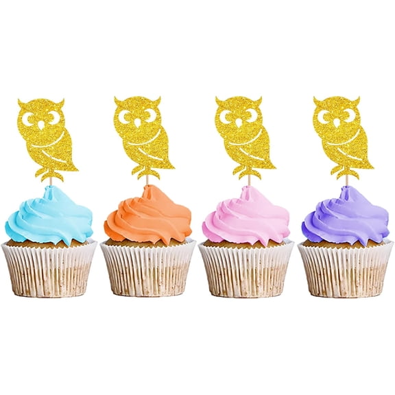 Gold Glitter Owl Cupcake Toppers, 12 Pack Smart Owl School Graduation Cupcake Picks, Back to School Kids Birthday Cake Decorations