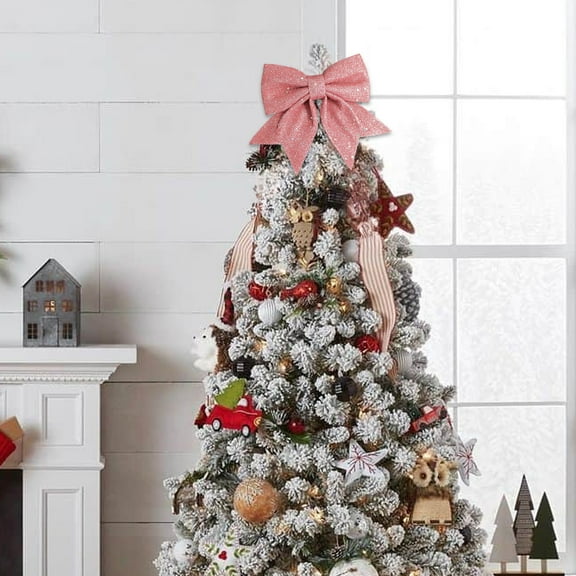 Gold Glitter Pearl Cotton Christmas Bow – Pink Festive Tree Decoration for Gifts, Wreaths & DIY Projects