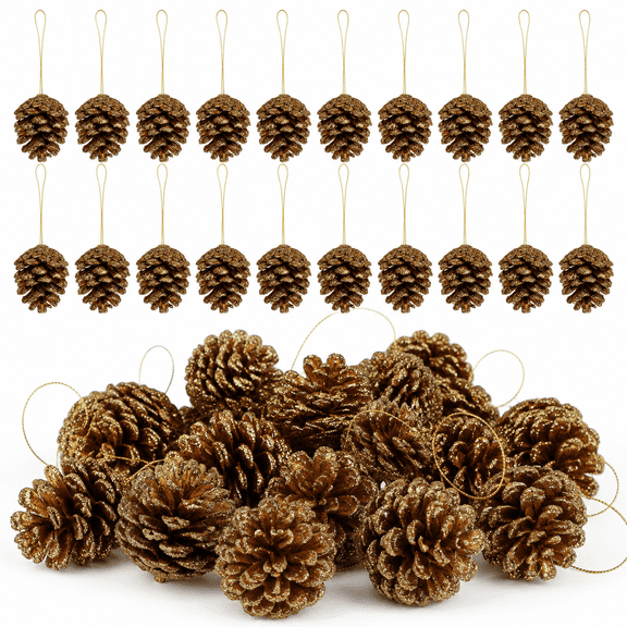 Gold Glitter Pine Cones Ornament for Christmas Tree Hanging Decor