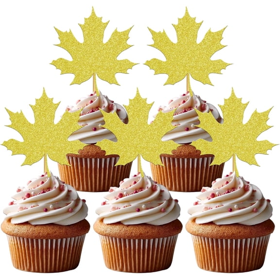 Gold Glitter Plain Maple Leaf Cupcake Toppers 12 Pack, Fall Harvest Themed Cupcake Picks for Thanksgiving Party Autumn Festival Dessert Decor Supplies