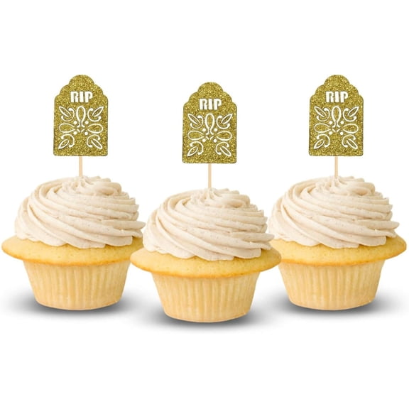 Gold Glitter RIP Tombstone Cupcake Toppers, 12PCS Halloween Spooky Cupcake Picks for Gothic Horror Party Cake Decorations