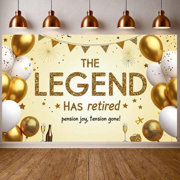 Gold Glitter Retirement Celebration Banner Golden Balloons Legend Retirement Backdrop Star Pattern Triangle Bunting Retirement Event Display for Retirement Party Office Farewell Event Retirement