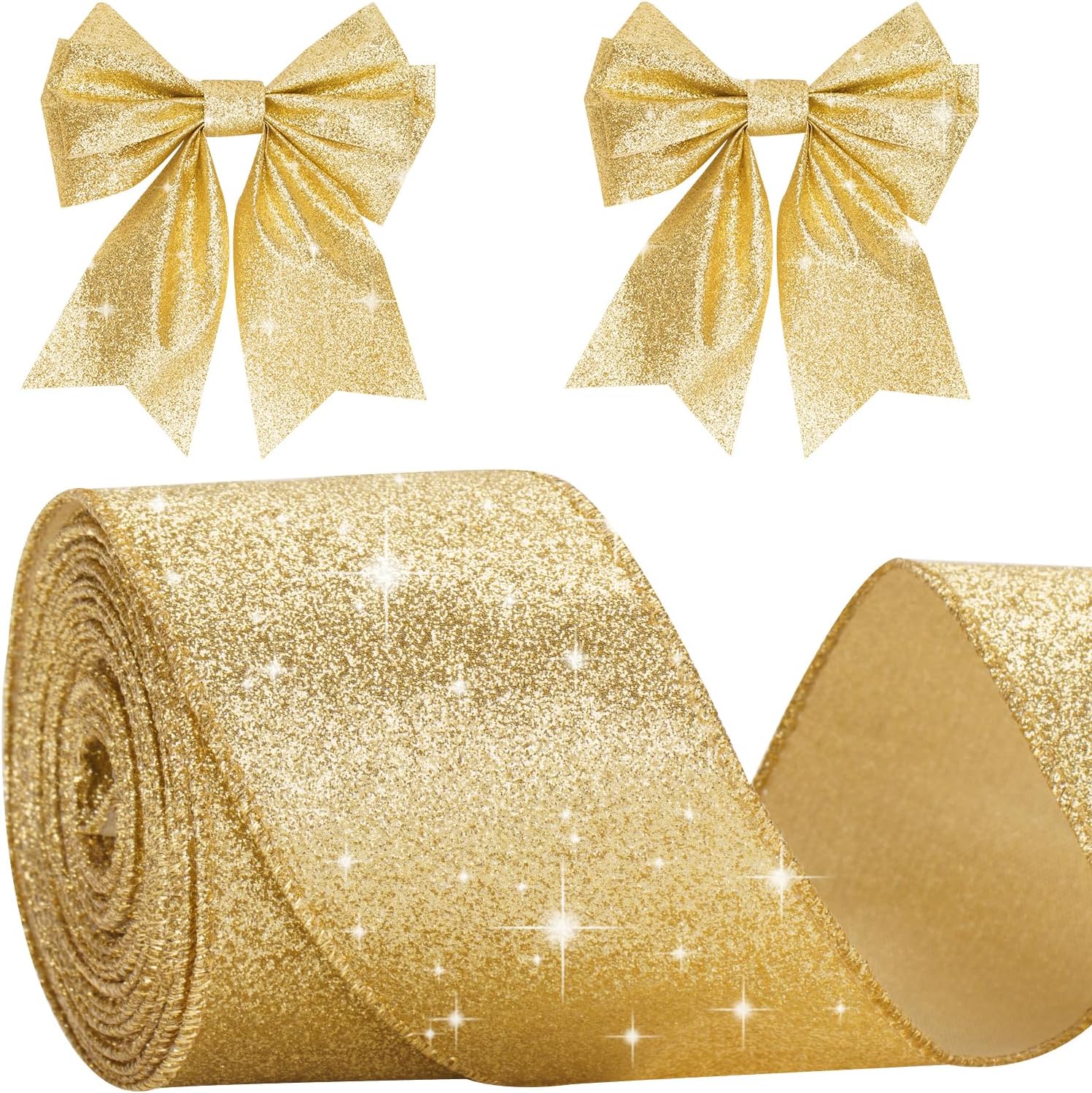 Gold Glitter Ribbon - Christmas Metallic Wired Edge Ribbon 2-1/2Inch ...