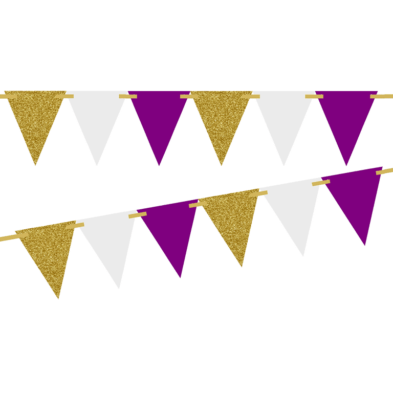 Gold Glitter/Solid Purple/Solid White 3M Vintage Pennant Banner Paper Triangle Bunting Flags for Weddings, Birthdays, Baby Showers