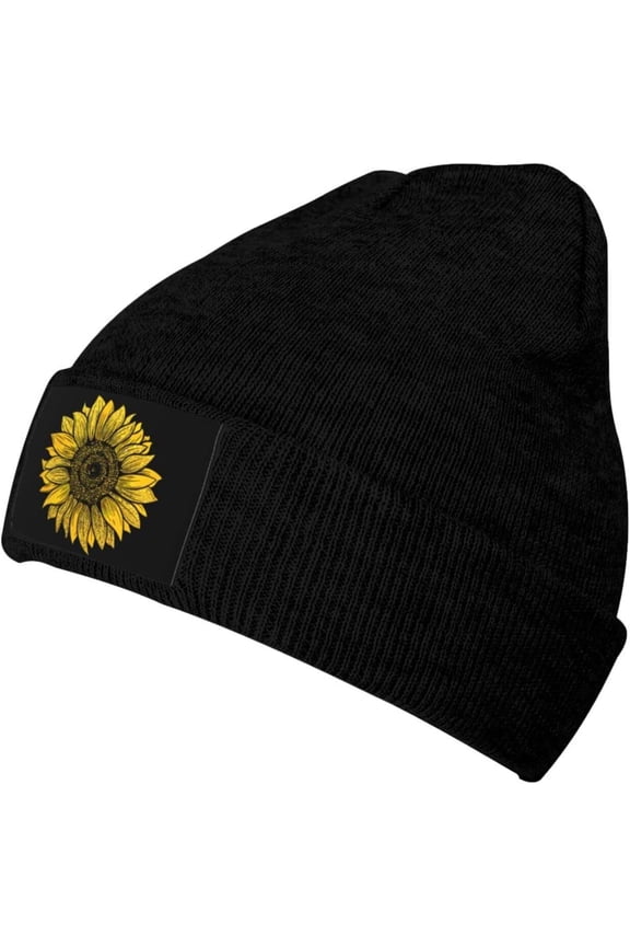 Gold Glitter Sunflower Beanie Hats Men Warm Hats Womens Knit Stocking Hats Skull Cap Black
