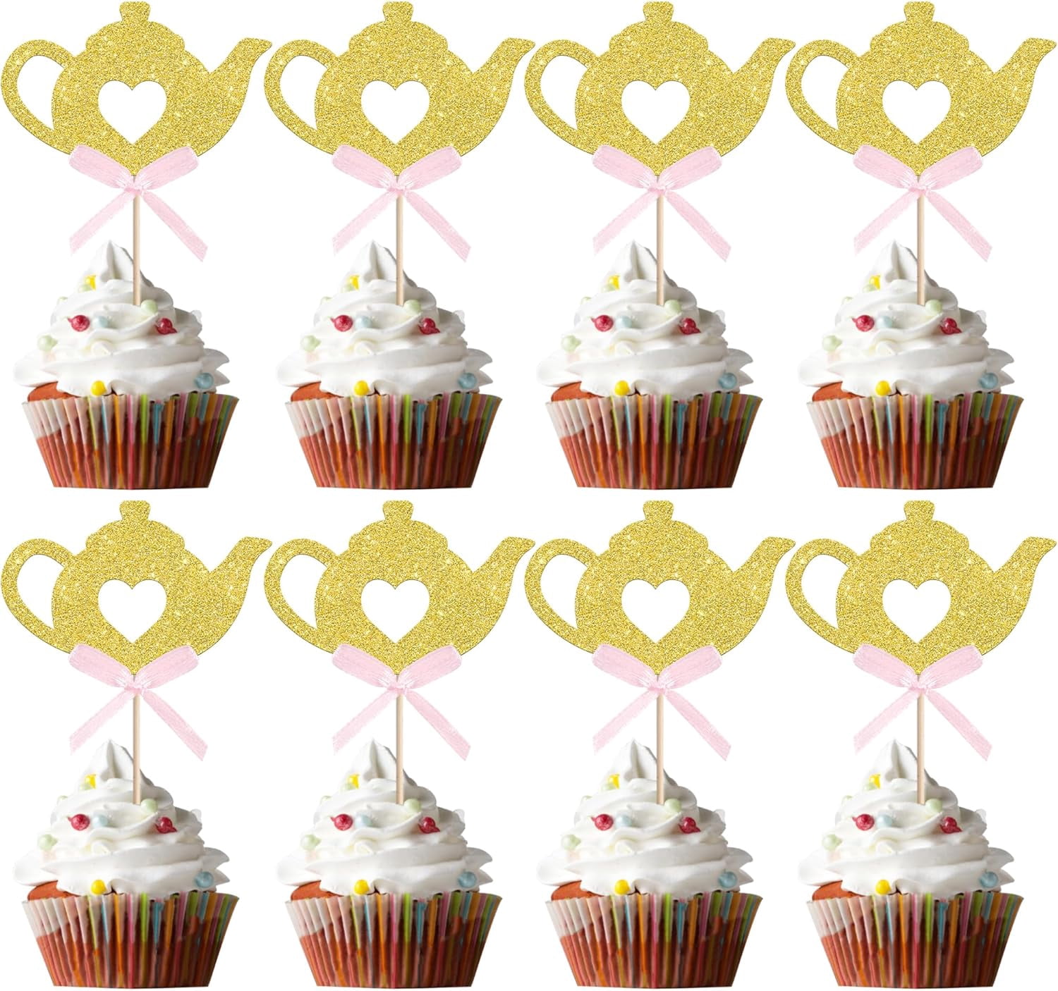 Gold Glitter Teapot Cupcake Toppers with Pink Bow, Tea Party Theme ...