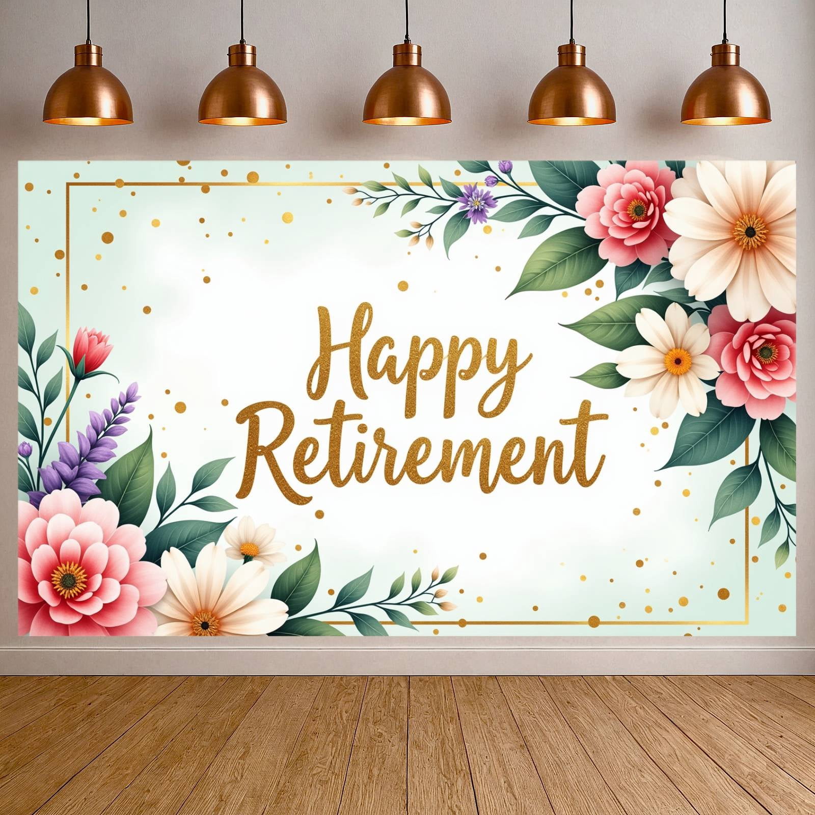 Retirement Program Sample Backdrop Gold Glitter Text Happy Retirement Banner Floral Decoration Retirement ...