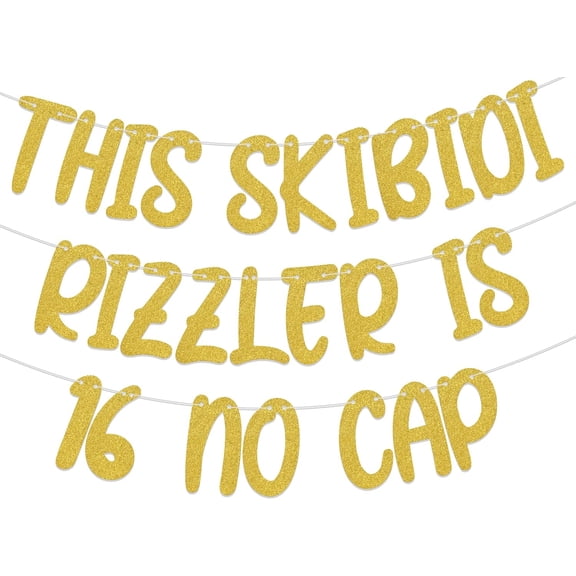 Gold Glitter This Skibidi Rizzler Is 16 No Cap Banner, Funny Gen Z Themed 16th Birthday Party Decorations