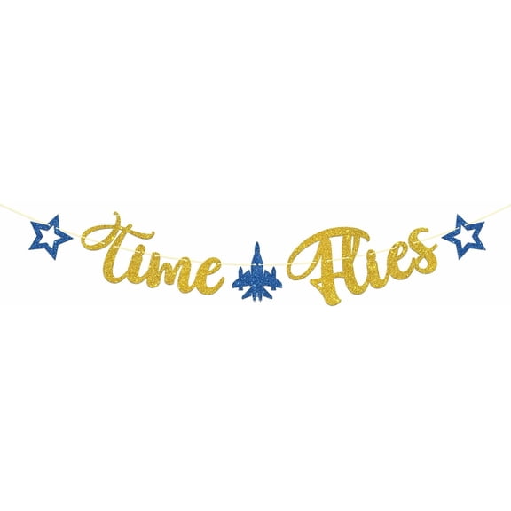 Gold Glitter Time Flies Banner, Airplane Aviator Adventure Themed Childrens Birthday Sign Decoration, 5th 10th 15th 16th Party Supplies
