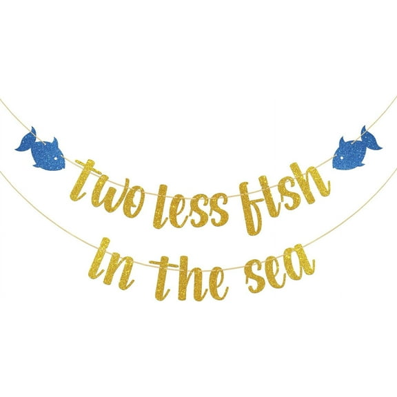 Gold Glitter Two Less Fish in The Sea Banner - Nautical Sea Theme Wedding/Engagement Party Decoration - Nautical Bridal Shower, Funny Bachelorette Party Decor Banner, Photo Props