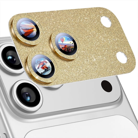 Gold Glitter Volcano Camera Lens Protector for iPhone 17 Pro, 9H Tempered Glass, Ultra HD, Full Coverage, Case Friendly