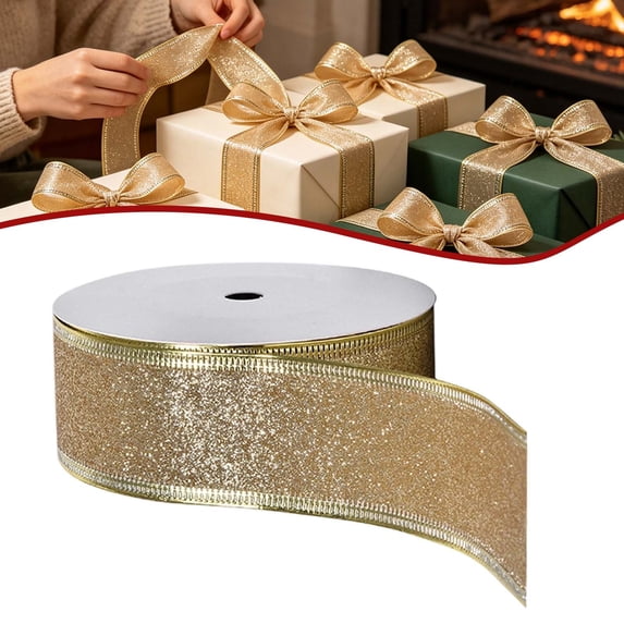Gold Glitter Wired Ribbon,Gold with Metallic Edge,Christmas Ribbon for Wreath, ChritmasTree Decoration, Gift Wrapping,Home Decor, 1.5 Inch x 10 Yards