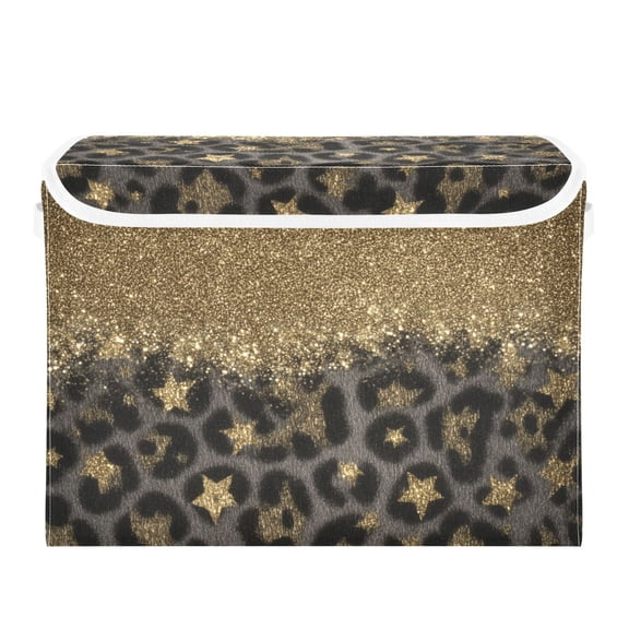 Gold Glitter with Leopard Print Stars Foldable Storage Bins with Lids Handles Collapsible Storage Containers Tote Boxes 16.5 x 12.6 x 11.8 inches
