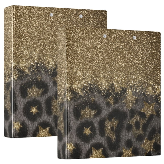 Gold Glitter with Leopard Print Stars Round Ring Binder 3 Rings 1.5" Capacity File Storage for A4 Size 2 Pack