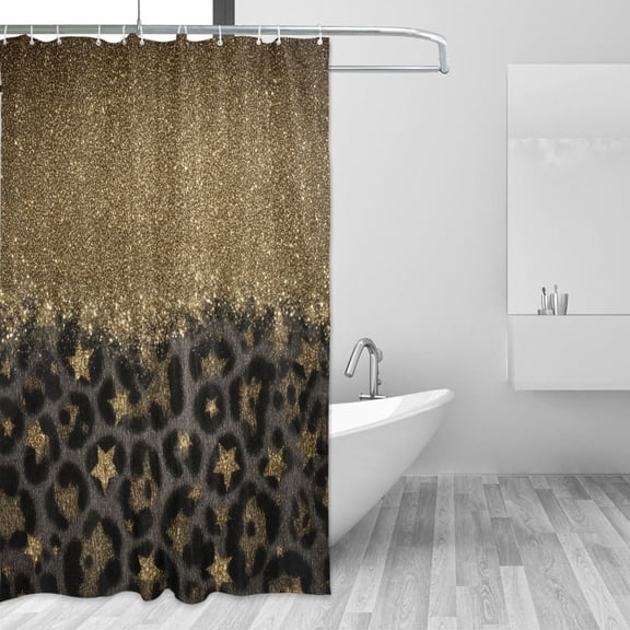 Gold Glitter with Leopard Print Stars Shower Curtains with 12 Hooks Waterproof Bathroom Decor 66" x 72"