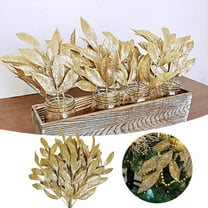 Gold Glittered Artificial Leaf Spray Picks 10PCS Fake Floral Branches for Christmas Tree DIY Decor Xmas Wreath Garland Vase Fillers Winter Wedding Centerpieces Table Decorations