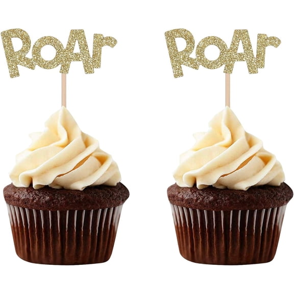 Gold Glittery Dinosaur Lion Roar Cupcake Toppers Jungle Animal Theme Party Baby Shower Birthday Party Picks - 12pcs