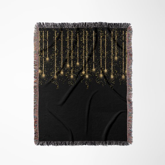 Gold Glittery Faux Glitter Chain On Black - Artprint, Woven Blanket