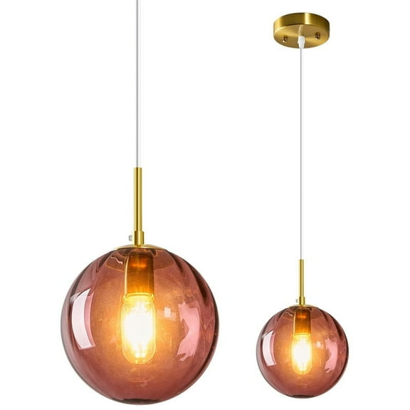 Gold Globe Pendant Lights Red Glass Pendant Light Fixtures for Bedroom Dining Room Kitchen Island（7.87in，1-Pack）