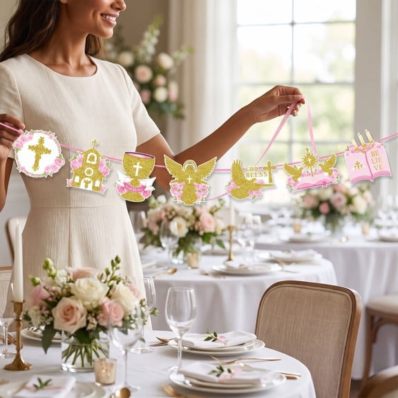 Gold God Bless Banner for Girl Baptism, Boho Christening Decorations First Holy Communion Garland, Elegant Paper Letter Bunting for Bridal Shower Wedding Engagement Party Backdrop Photo Props