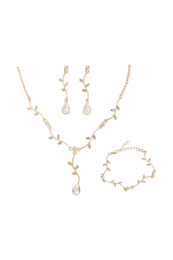 Gold Jewelry Set For Special Occasion With Necklace Earrings And Bracelet Alloy Material With Crystal Details For Women Outfit Accessories