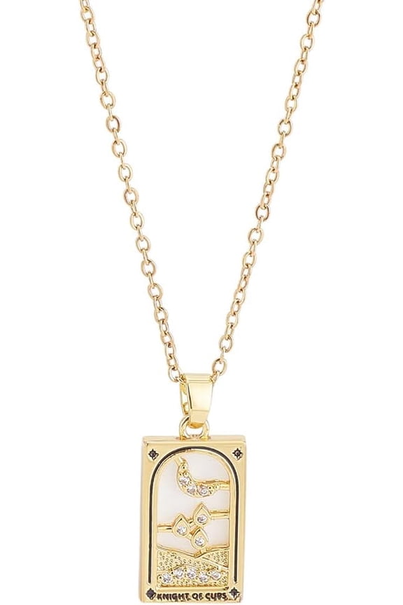 Gold Golden Brass with Cubic Zirconia Knight Of Cups Tarot Necklace 17.7-17.9 inch Square Classic Tarot Dangle Necklace with 60-62mm End Extender for Attending Events pendants: 22~27.5x11~15mm
