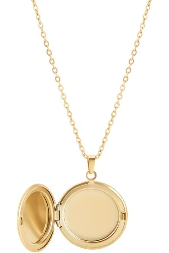 Gold Golden Round Shaped Locket Necklace 17.6 inch 304 Stainless Steel Flat Round Locket Pendant Cable Chain Necklaces Round Photo Locket Necklace for Women Men Stylish Accessory