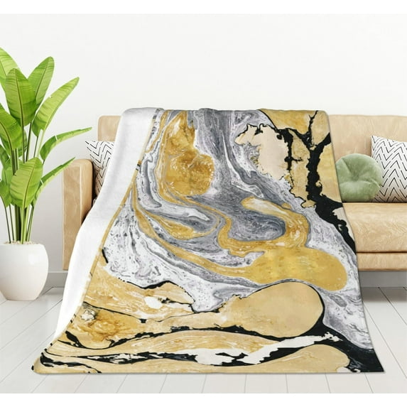 Gold Golden and Silver Marble Ink Abstract Painting Flannel Fleece Bed Blanket Throw Blanket Lightweight Cozy Plush Blanket for Bedroom Living Rooms Sofa Couch 40"x50"
