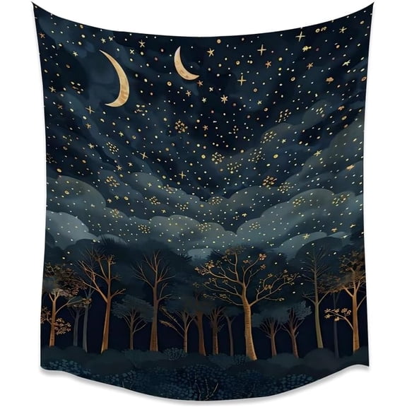 Gold Gothic Night Sky Art Tapestry Vintage Moon Celestial Aesthetic Tapestries Dark Academia Forest Botanical Wall Hanging Decor for Home Living Room white30x40inch