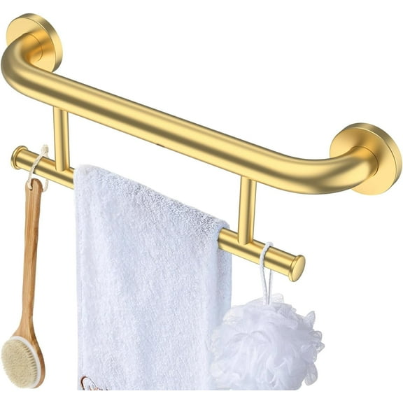 Gold Grab Bar 17 Inch w/Towel Holder, ZUEXT Stainless Steel Towel Rack Shower Support Balanced Support Handle, Wall Mount Safety Handrail Grab Rail for Elderly Senior Handicap Disabled