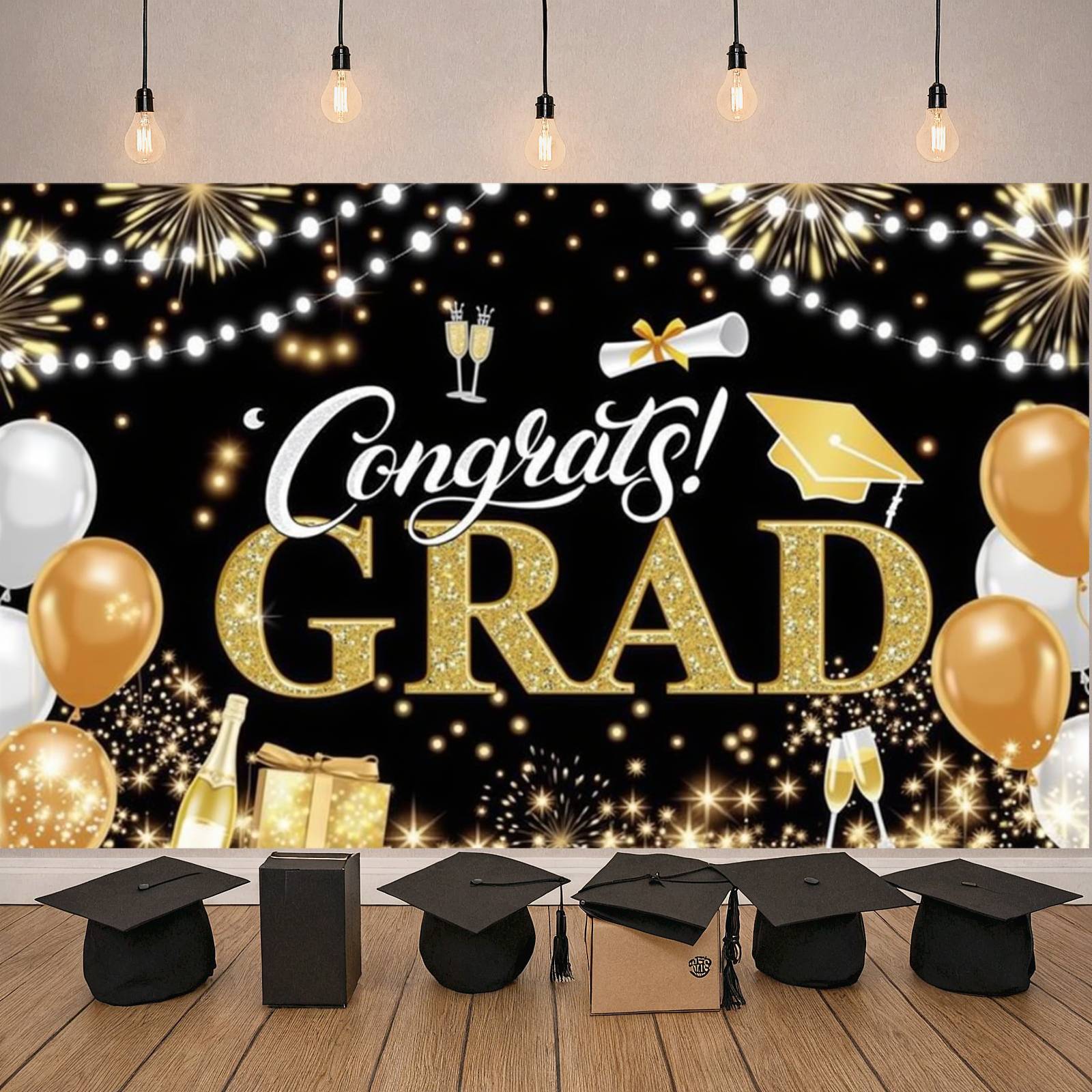 Gold Grad Cap Graduation Banner Colorful Stars Grad Backdrop Confetti ...
