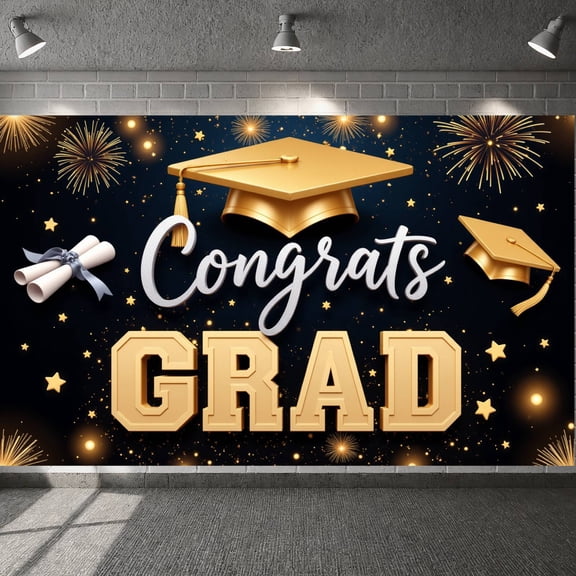 Gold Grad Cap Graduation Banner Colorful Stars Grad Backdrop Confetti Design Black Background Academic Background for Graduation Party College Graduation Grad Photo Shoot
