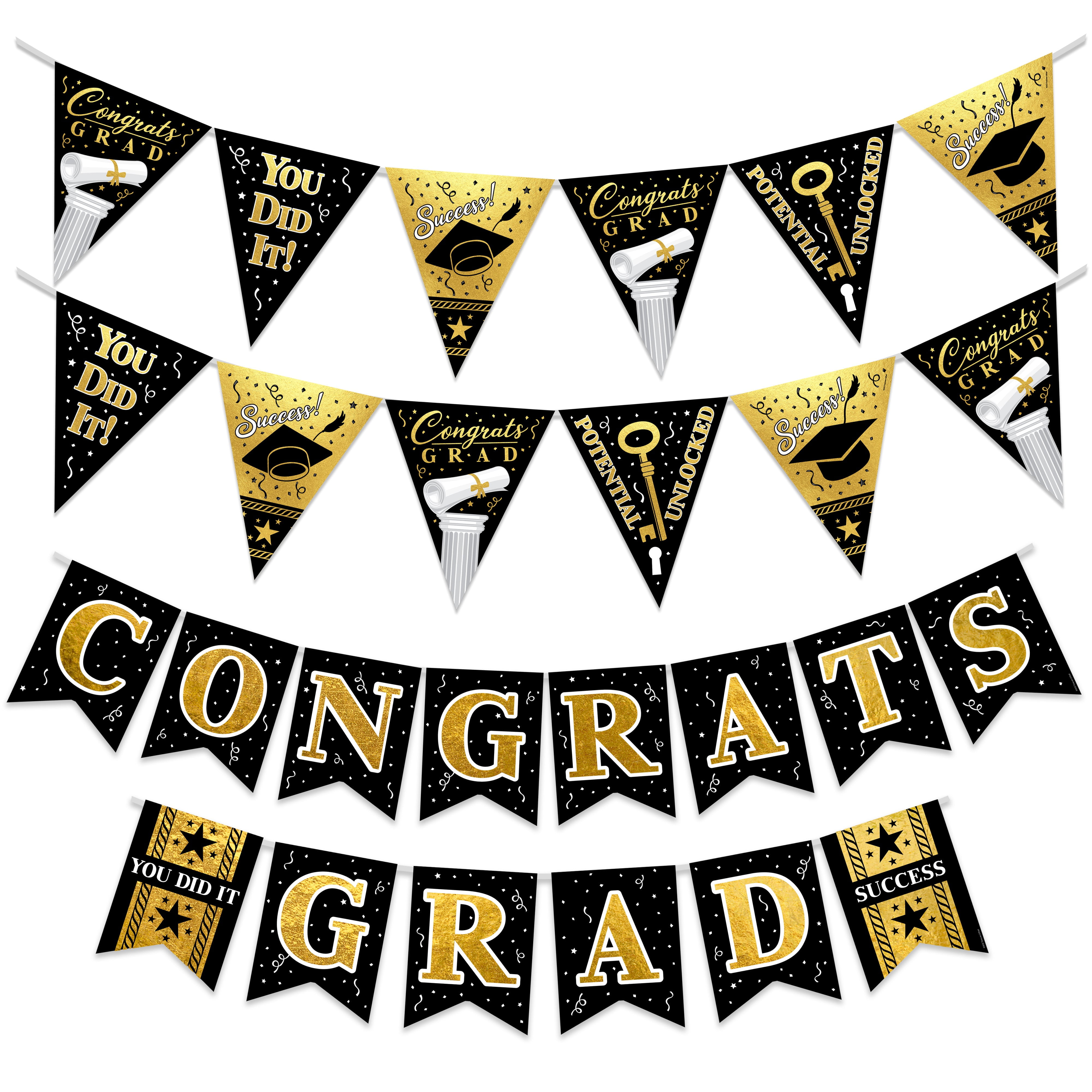 Gold Graduation Banner & Pennants Kit Black and Gold Graduation Party