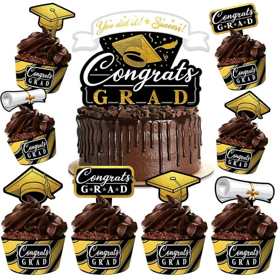 Gold Graduation Cake Topper & Gold Graduation Cupcake Toppers Kit