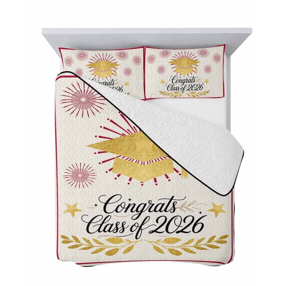 Gold Graduation Cap 3 Piece Quilt Set Twin Size, Art Congrats Class of 2026 Firework Star Soft Bedspread Coverlet Bedding Set Microfiber Lightweight Comforter Set with 2 Pillowcases for Bedroom