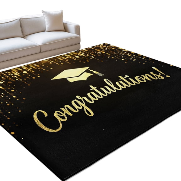 Gold Graduation Cap 5x7ft Non Slip Area Rug Sparkles Minimalist Congratulations Black Washable&nbsp;Soft Area Rugs for Living Room, Indoor&nbsp;Circle Carpet for Bedroom Dining Room Kitchen