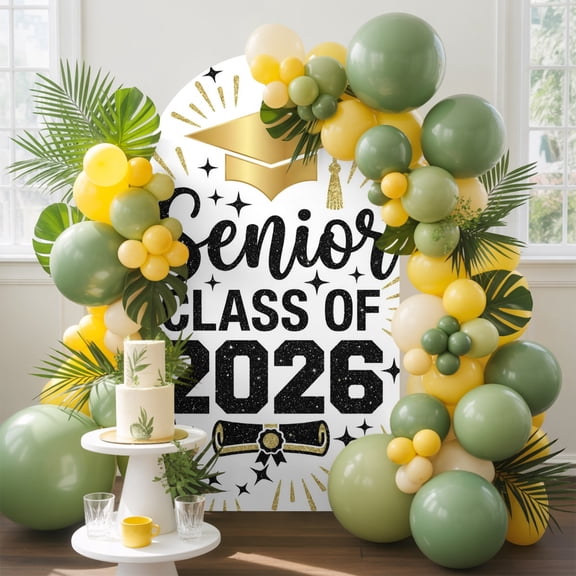 Gold Graduation Cap Arch Backdrop Cover, 5FT, Class of 2026 Modern Fireworks Stars Spandex Arch Covers Double-Sided Backdrop for Wedding Birthday Party Photo Background Decoration