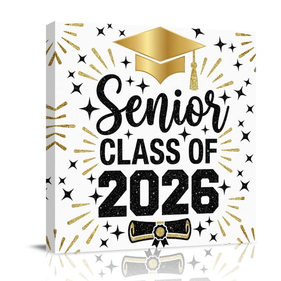 Gold Graduation Cap Canvas Wall Art for Living Room, Class of 2026 Modern Fireworks Stars Poster Print Painting for Bedroom Office Home Decoration Wall Pictures Prepare To Hang 8"x8"