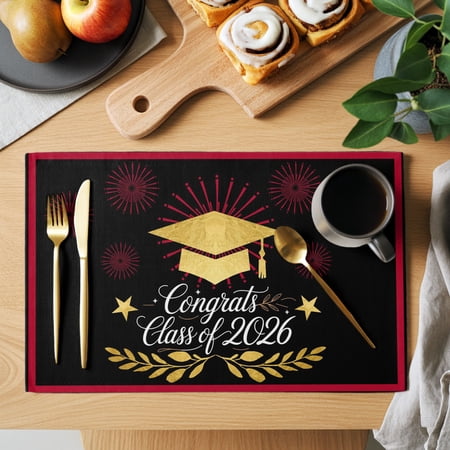 Gold Graduation Cap Placemats Set of 8, Class of 2026 Black Academic Modern Non-Slip Place Mats Washable Table Mats for Kitchen Dining Table Decorations Indoor/Outdoor
