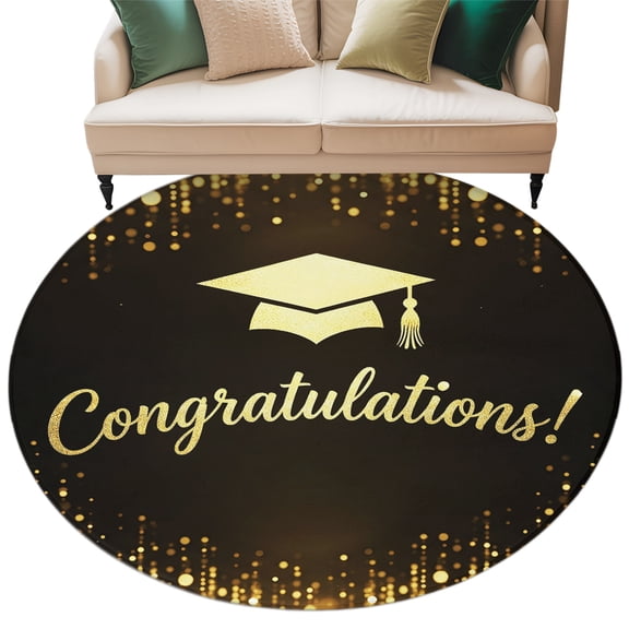 Gold Graduation Cap Round Living Room Rugs 7 ft, Sparkles Minimalist Congratulations Black Washable Area Rug with Non-Slip Sturdy Edge Binding Round Carpet for Kitchen Office Bedroom