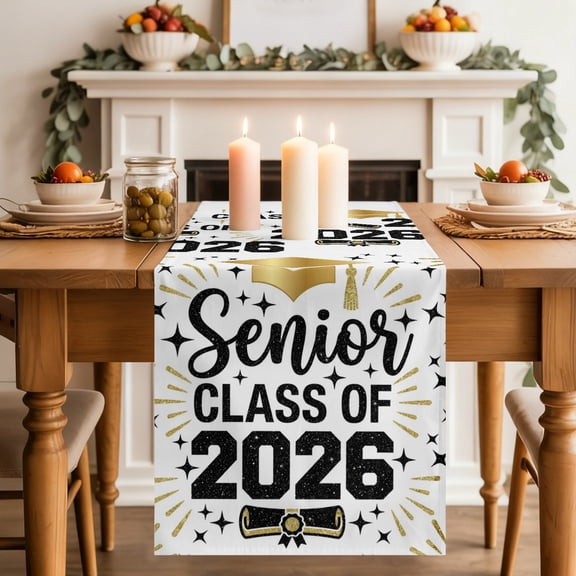 Gold Graduation Cap Table Runner, Class of 2026 Modern Fireworks Stars Washable Cotton-linen Table Runners Dining Kitchen Decoration for Everyday Home Wedding Party Decor, 13 x 36 Inch